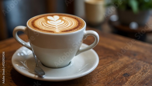 A beautifully crafted latte in a white cup, featuring intricate latte art on top, sits on a wooden table.