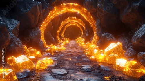 Fototapeta Naklejka Na Ścianę i Meble -  A copper ore mine tunnel surrounded by stone walls and glowing gold pieces in a 3d cartoon style