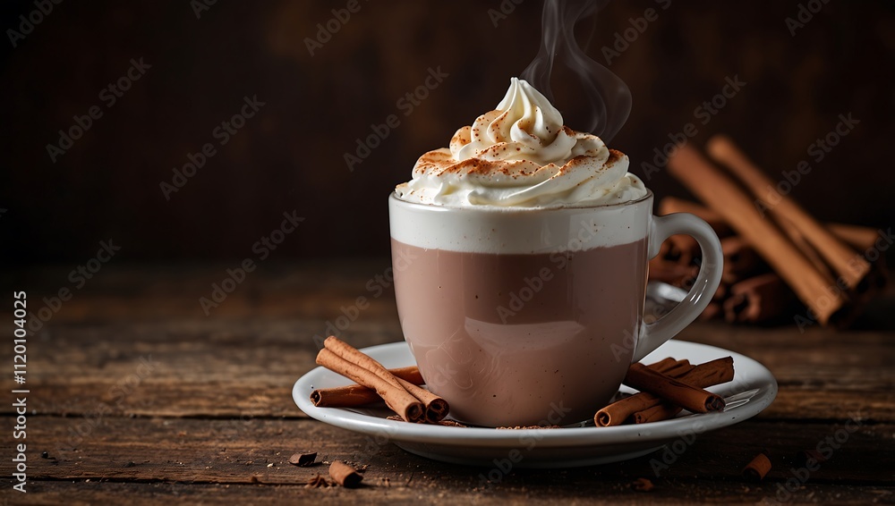 A steaming cup of hot chocolate topped with whipped cream and sprinkled cinnamon, resting on a plate with cinnamon sticks.