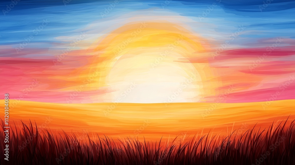 Fototapeta premium Farmland fields landscape sunset, Vibrant sunset over a field with colorful skies and silhouetted grass.