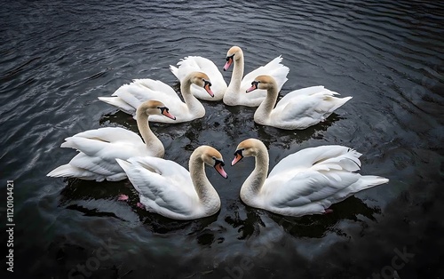 A group of seven white swans swimming in a circle on a calm lake, forming a heart shape in the center.
