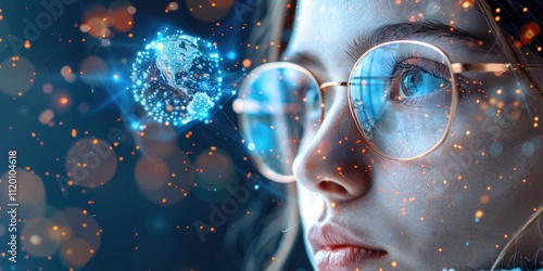 Wallpaper Mural Person wearing futuristic wearable device, their gaze fixed on a floating holographic globe representing global connectivity, as streams of data pulse around, role of AI in facilitating communication Torontodigital.ca