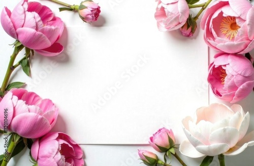 Pink and white peonies with green stems beautifully arranged around a blank white paper background. Perfect for invitations, greeting cards, wedding themes, or floral design