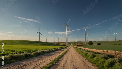 Dirt road winding through green fields, lined with tall wind turbines under a clear blue sky and scattered clouds.