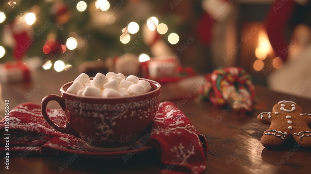 A warm Christmas moment, featuring a cocoa cup with marshmallows on the table, alongside holiday napkins and gingerbread men A warm Christmas moment, featuring a cocoa cup with marshmallows on the table, alongside holiday napkins and gingerbread men