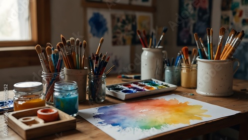 A vibrant art studio filled with various paintbrushes, jars of paint, and a colorful watercolor painting on the table.