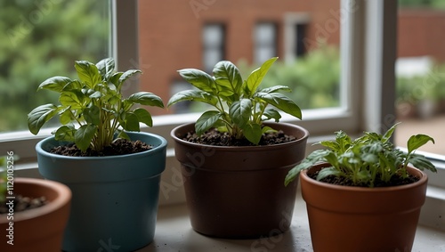 Three potted plants on a windowsill: vibrant green basil in a blue pot, leafy plants in brown and terracotta pots, with a blurred background. photo