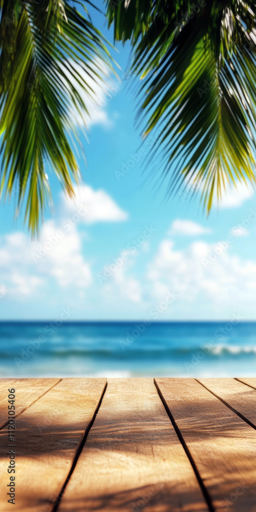 A tranquil seaside view featuring a wooden deck, palm leaves overhead, and a mesmerizing blue ocean under a bright sky, inviting relaxation and escape from everyday life. A tranquil seaside view featuring a wooden deck, palm leaves overhead, and a mesmerizing blue ocean under a bright sky, inviting relaxation and escape from everyday life.