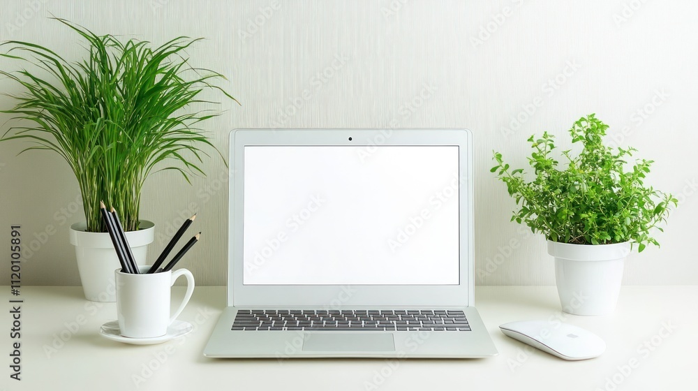 A minimalist workspace featuring a laptop, mouse, and potted plants for a productive environment.
