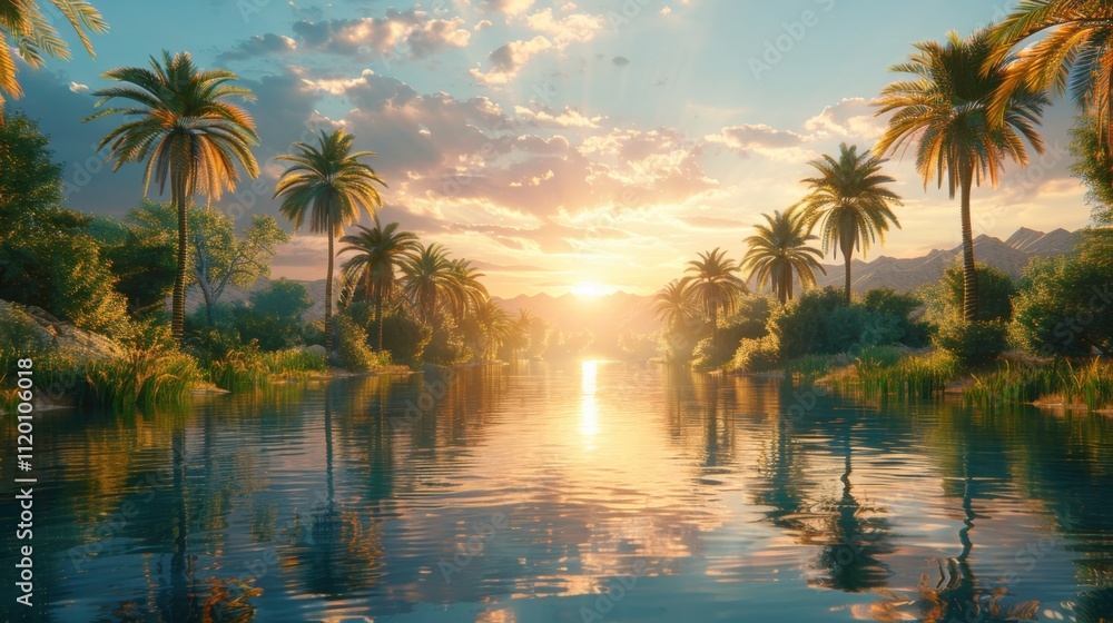 Serene Panoramic View of Desert Oasis with Palm Trees Serene Panoramic View of Desert Oasis with Palm Trees