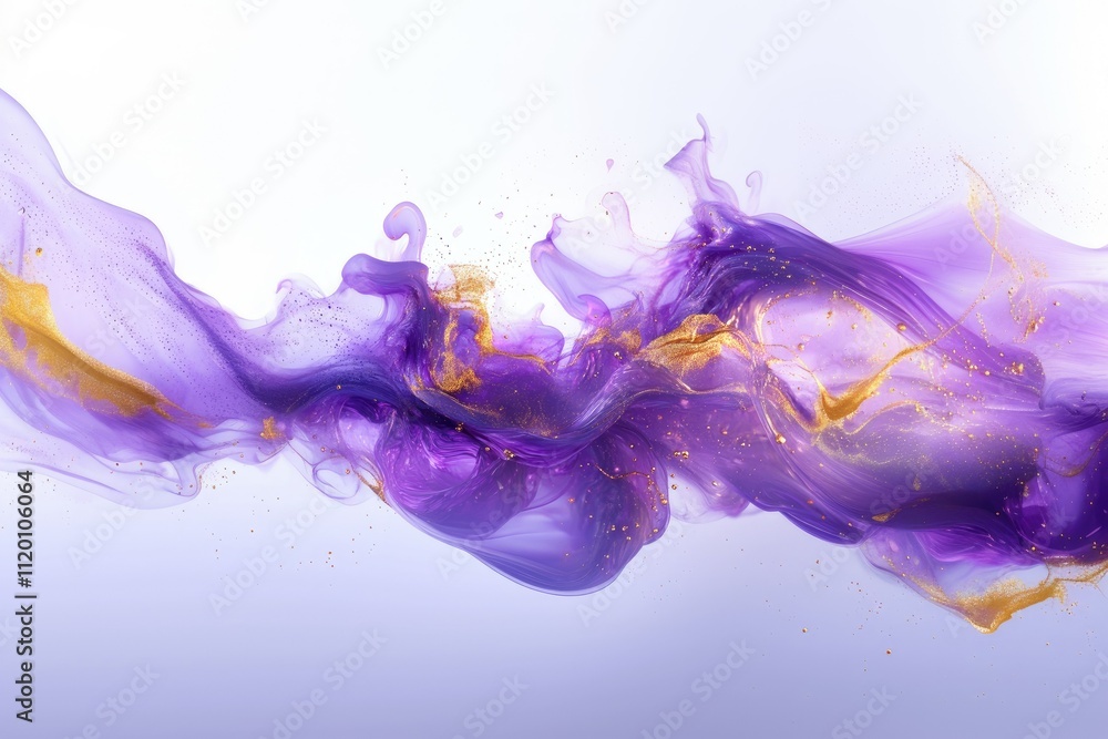 Fototapeta premium Abstract fluid art, vivid and violette alcohol ink colors and gold veins on a white background with copy space