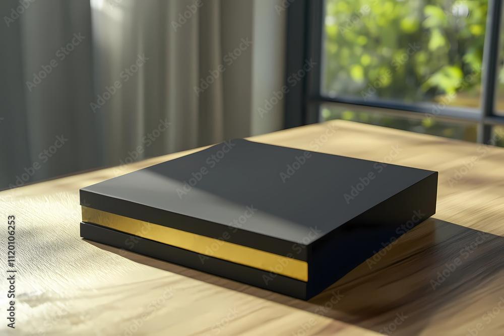 Sophisticated 3D retail box mockup with a black finish and gold accents on a wooden table Sophisticated 3D retail box mockup with a black finish and gold accents on a wooden table