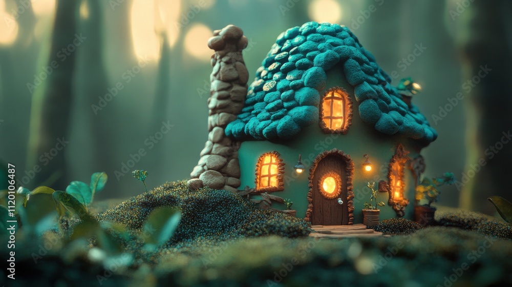 Fototapeta premium Fantasy-themed cottage with glowing lights in an enchanting forest 