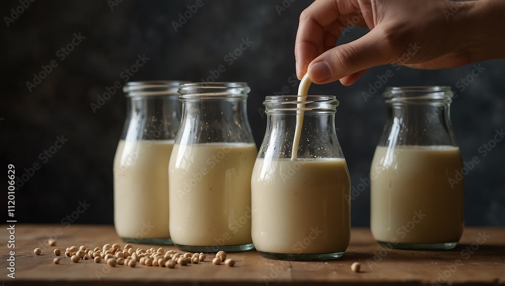 A hand dips a straw into a glass bottle of creamy liquid, with three similar jars nearby and soybeans scattered on wooden surface. A hand dips a straw into a glass bottle of creamy liquid, with three similar jars nearby and soybeans scattered on wooden surface.
