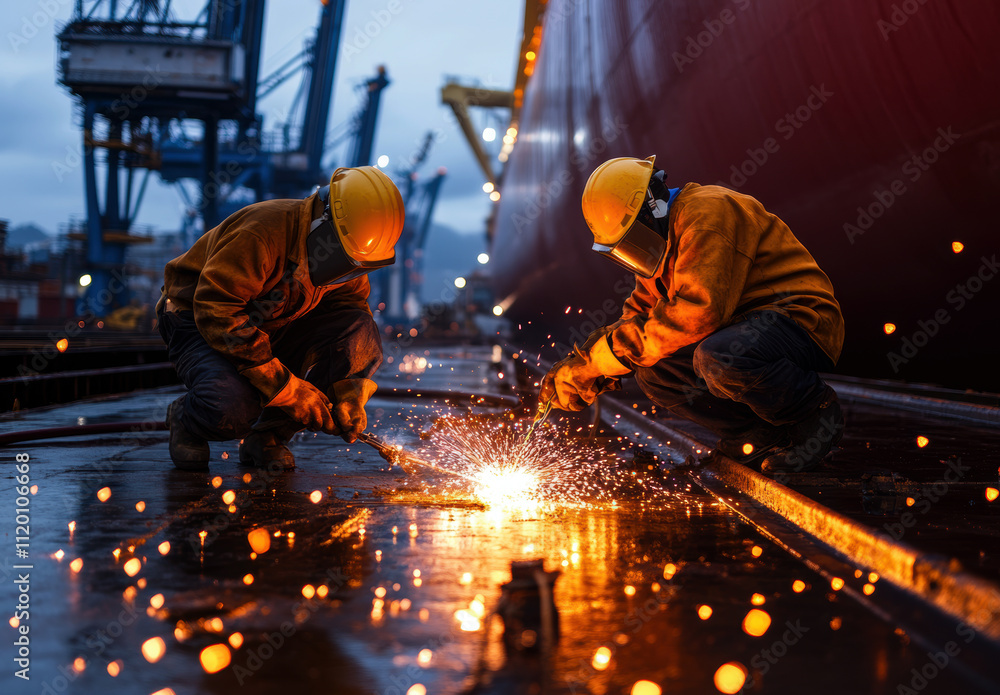 Two skilled welders work diligently on a shipyard, creating sparks under dimming twilight. Their safety gear highlights the importance of protection in heavy industrial environments. Two skilled welders work diligently on a shipyard, creating sparks under dimming twilight. Their safety gear highlights the importance of protection in heavy industrial environments.