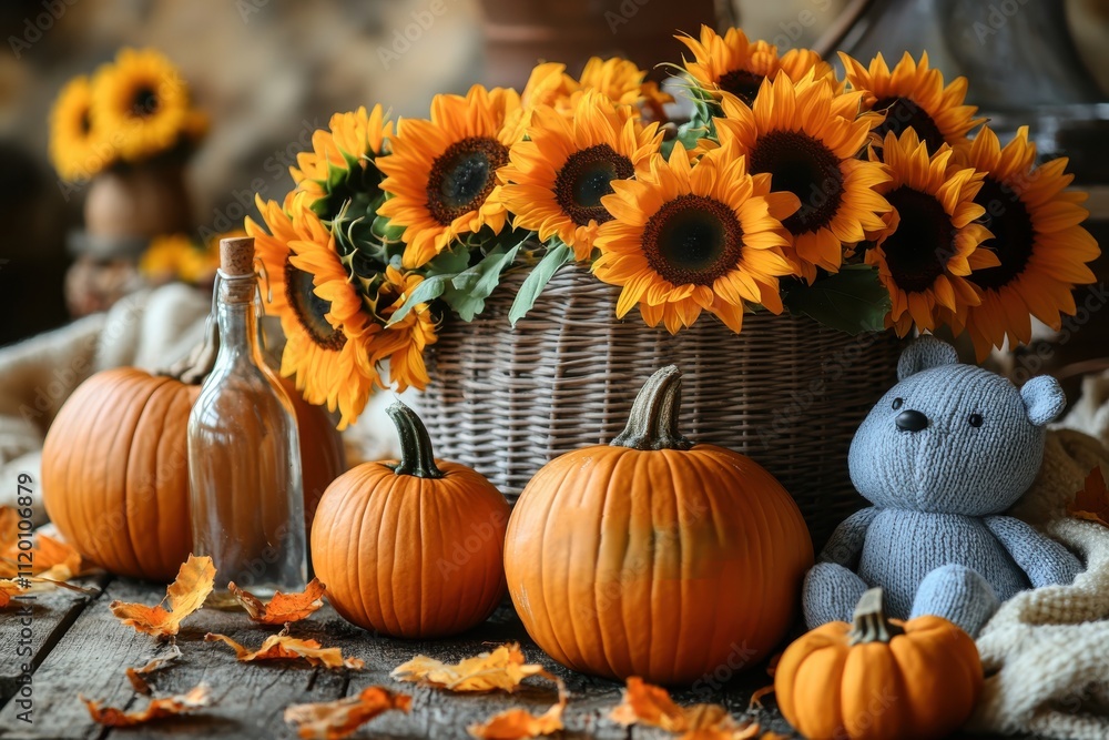 A cozy autumn display featuring sunflowers, pumpkins, and a soft toy, evoking seasonal warmth.