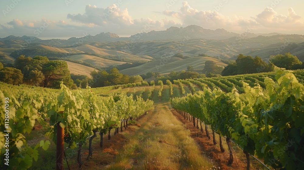 Naklejka premium Serene Vineyard on Rolling Hills with Distant Mountains