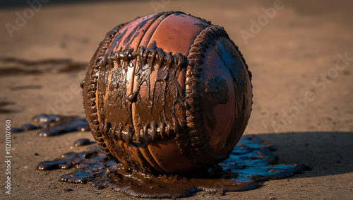 a dirty soccer ball covered in mud