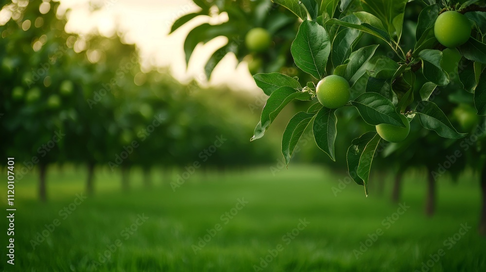 Fototapeta premium Farmland fields landscape sunset, Lush green orchard with apple trees bearing fruit, illuminated by soft sunlight.