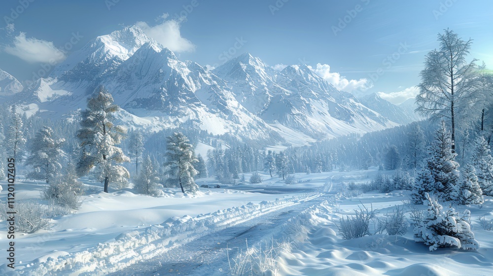 Serene Winter Landscape with Snow-Covered Mountains Serene Winter Landscape with Snow-Covered Mountains