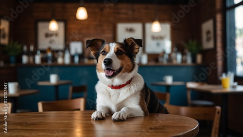 A happy dog with a white and brown coat sits on a wooden table in a cozy café, surrounded by plants and softly lit decor.