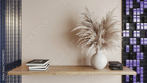 Wallpaper Mural interior design mockup Minimalist interior design with a vase of pampas grass on a wooden shelf against a beige wall Futuristic Grid Silver cobalt blue neon purple black Urban Sketching Torontodigital.ca