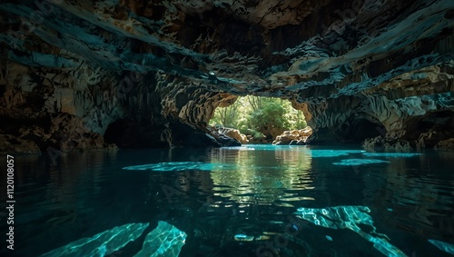 A serene underground cave with sparkling turquoise water, surrounded by rugged rock formations and lush greenery in the background.