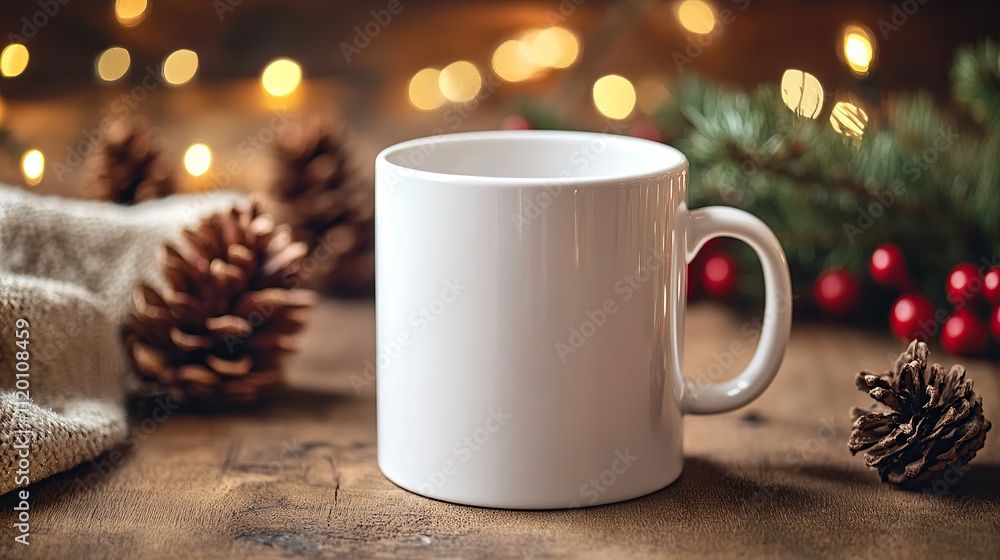 Obraz premium A blank white mug surrounded by pine cones and festive decor.
