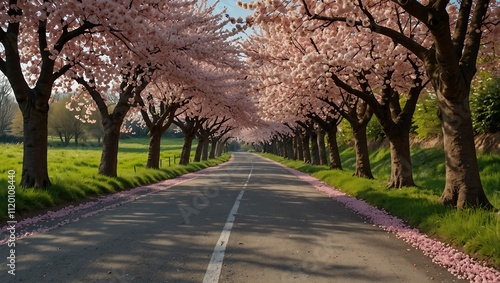 A serene road lined with blooming cherry blossom trees, their pink petals carpeting the ground, under a clear blue sky.