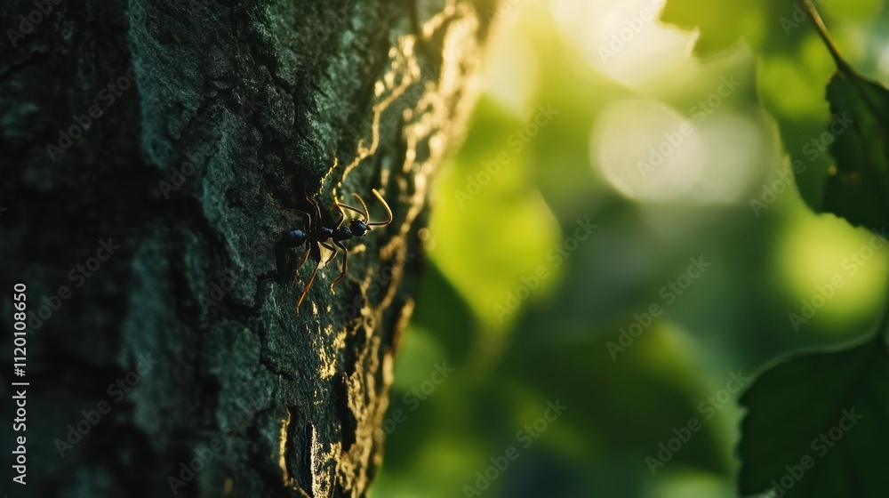 Obraz premium A close-up of an ant climbing a textured tree bark amidst a natural, green background.