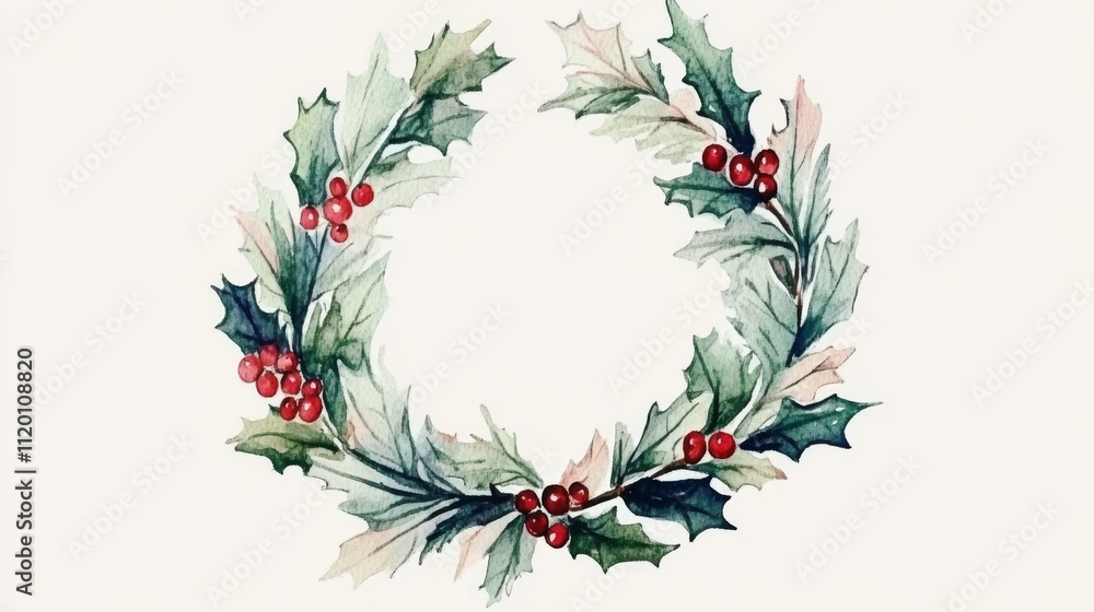 Naklejka premium Watercolor Holly Wreath Design for Holiday Season