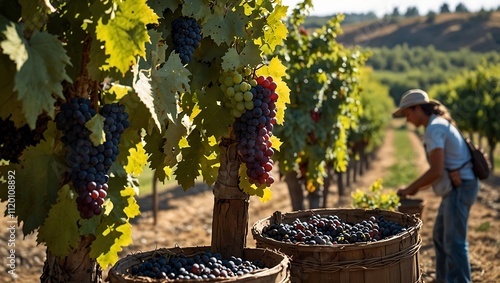 A vineyard landscape features ripe grape clusters hanging from lush green vines, with a worker sorting grapes into baskets.