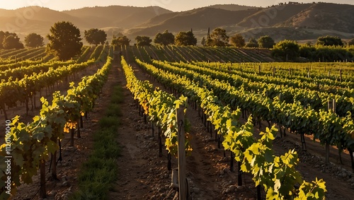 Lush green vineyards stretch across a hillside, illuminated by warm sunset light, with mountains in the background.