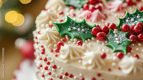 close-up of a beautifully decorated Christmas cake with festive icing, sprinkles, and holly leaves.