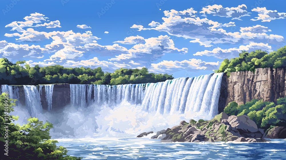 Fototapeta premium A waterfall is shown in the foreground of a blue sky