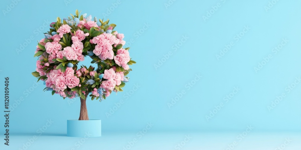 Fototapeta premium Floral frame. Flower wreath made of pink floral tree on blue background. Flat lay, copy space