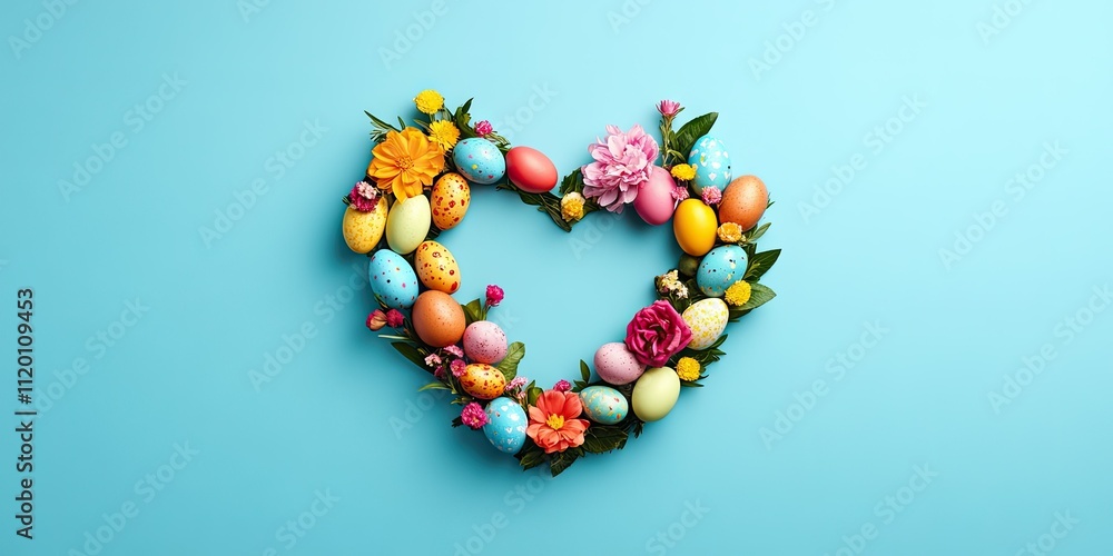 Decorative easter wreath in a heart shape with bright colored eggs and spring flowers isolated on blue background. Flat lay, top view with copy space. Decorative easter wreath in a heart shape with bright colored eggs and spring flowers isolated on blue background. Flat lay, top view with copy space.