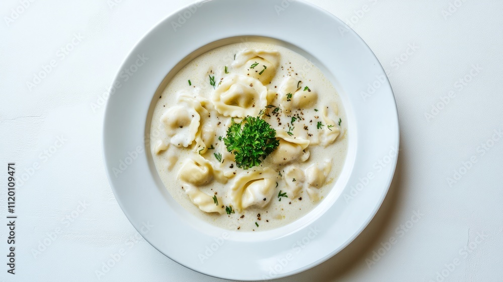 Creamy tortellini soup in a white bowl, garnished with herbs. Creamy tortellini soup in a white bowl, garnished with herbs.