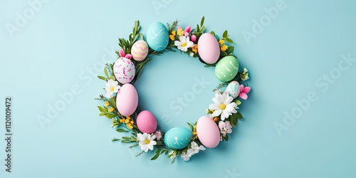 Decorative easter wreath with bright colored eggs and spring flowers isolated on blue background. Flat lay, top view with copy space.