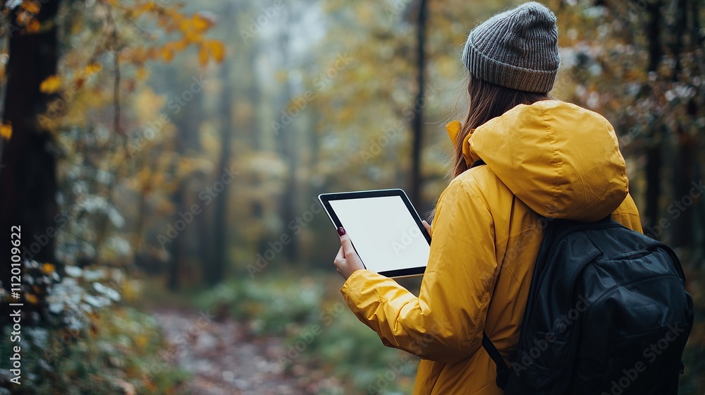 A person in a yellow jacket holds a tablet in a foggy autumn forest. A person in a yellow jacket holds a tablet in a foggy autumn forest.