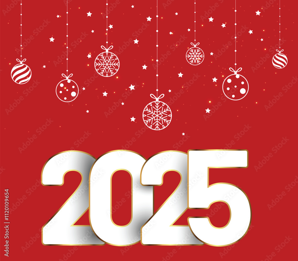 Happy New Year 2025 with balls on red background. Happy New Year 2025 with balls on red background.