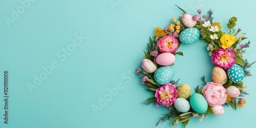 Decorative easter wreath with bright colored eggs and spring flowers isolated on blue background. Flat lay, top view with copy space.