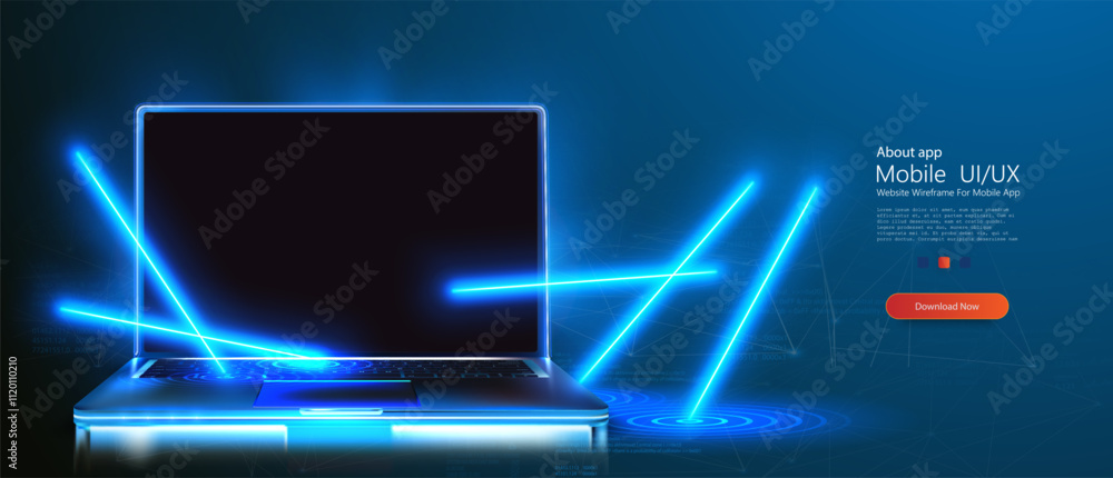 Φωτογραφία A digital illustration of a sleek laptop immersed in neon blue beams and holographic lines