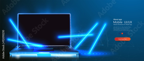 A digital illustration of a sleek laptop immersed in neon blue beams and holographic lines. Ideal for technology, innovation, or futuristic design projects. 3d neon laptop screen vector illustration