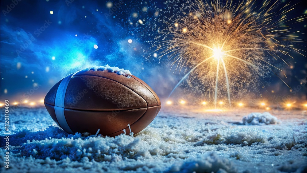 Winter Football with Fireworks in a Snowy Field Winter Football with Fireworks in a Snowy Field