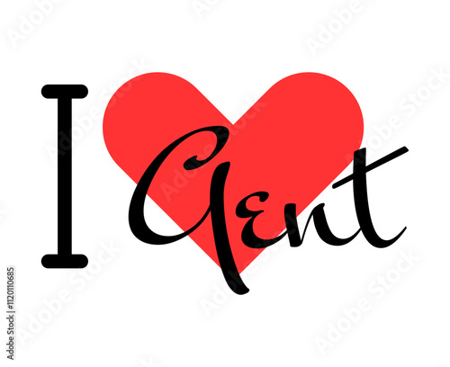 I love Gent, city of Belgium. Hand drawn letters with red heart. Vector illustration lettering, modern design