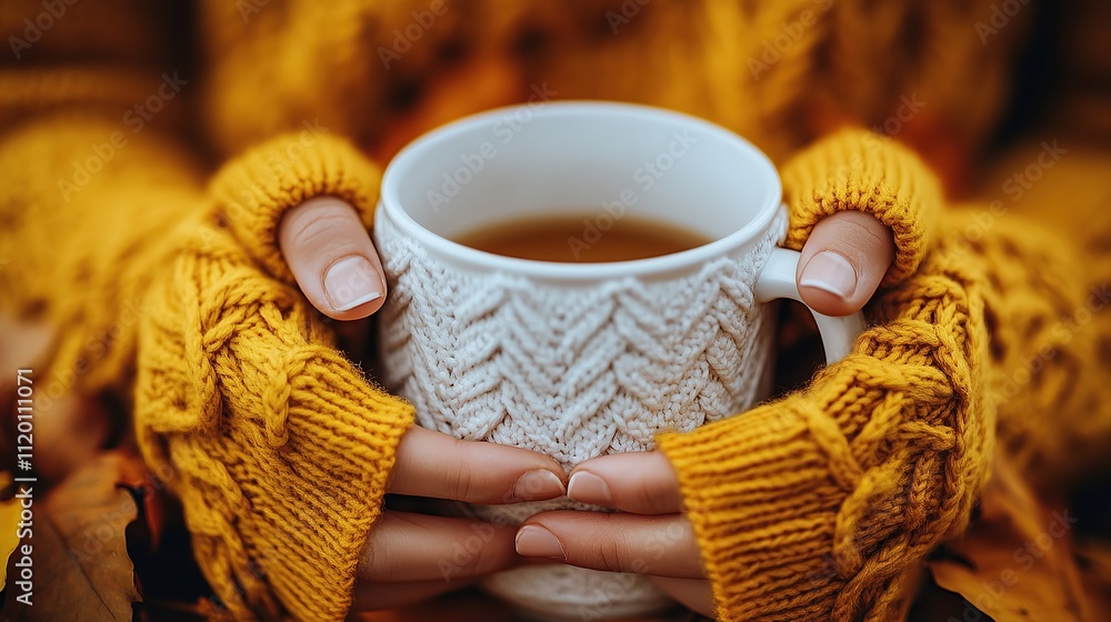 A cozy scene featuring hands holding a warm mug of tea in autumn foliage. A cozy scene featuring hands holding a warm mug of tea in autumn foliage.
