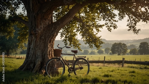 A vintage bicycle leans against a large tree, surrounded by lush green grass and a tranquil landscape at sunset.