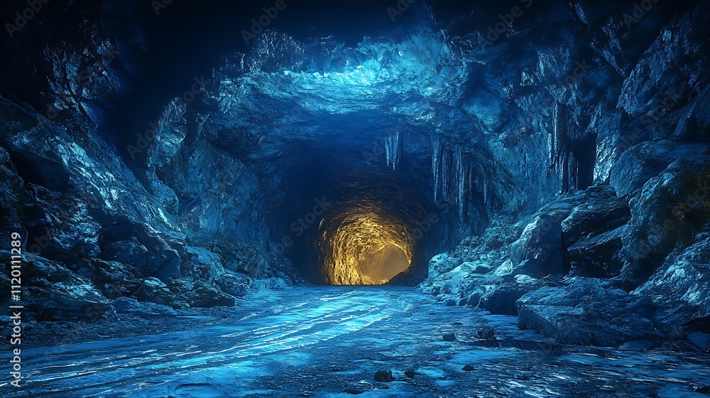 Fototapeta premium A glowing cave entrance in a 3d mining quarry with silver veins in stone