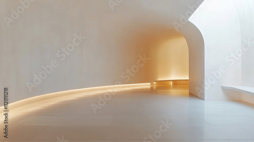 Modern Minimalist Architecture with Curved Walls and Warm Lighting